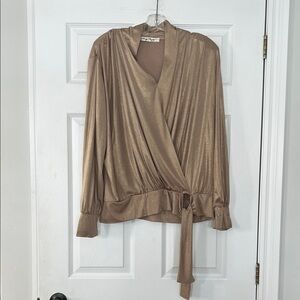 Metallic Taupe Wrap Blouse with Tie Detail